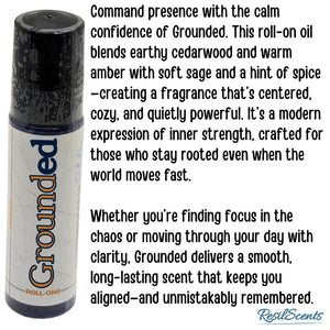 Grounded roll-on oil bottle by ResilScents featuring product description text.
