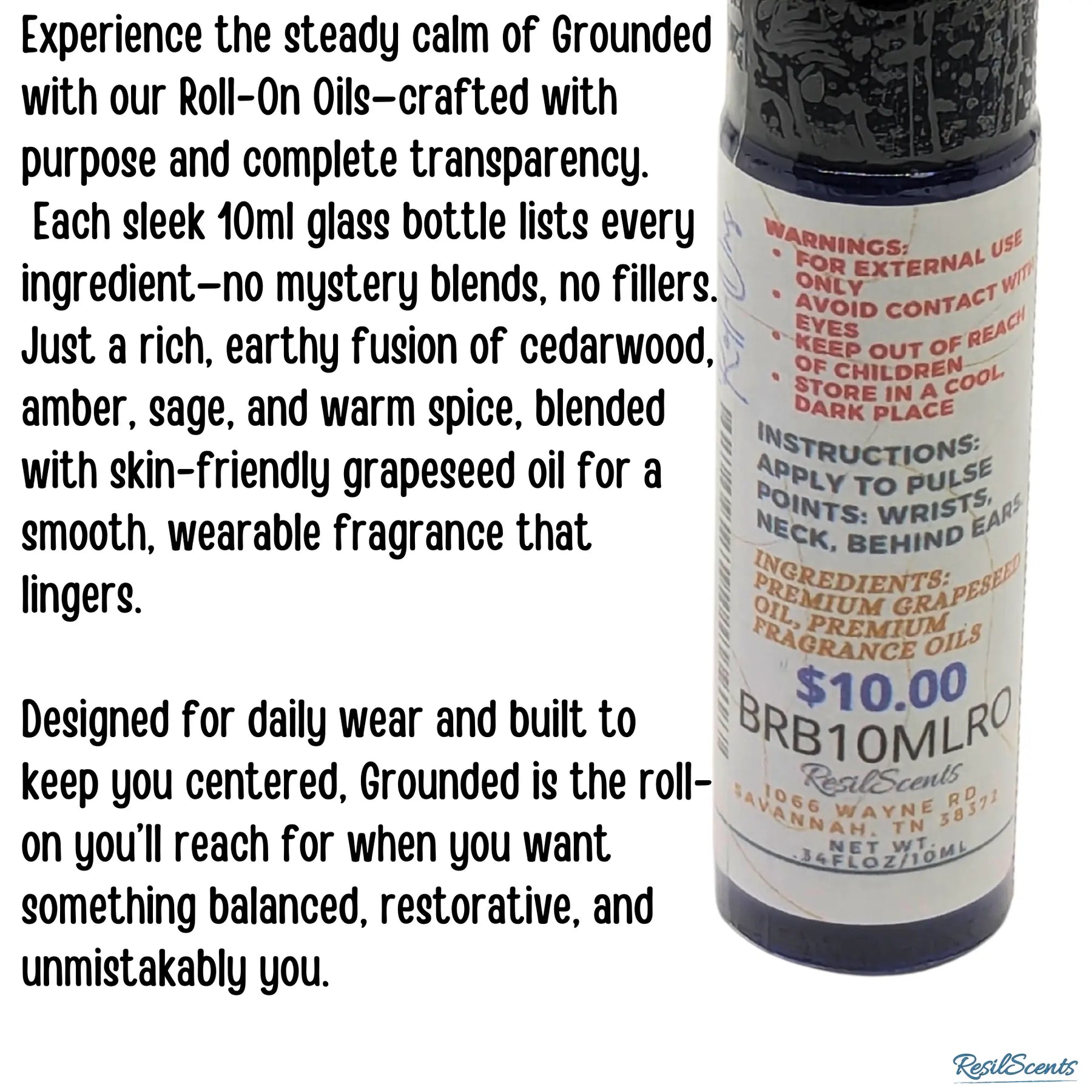 Grounded Roll-On Oil 10ml bottle showing label with ingredients, instructions and a price of $10.00.