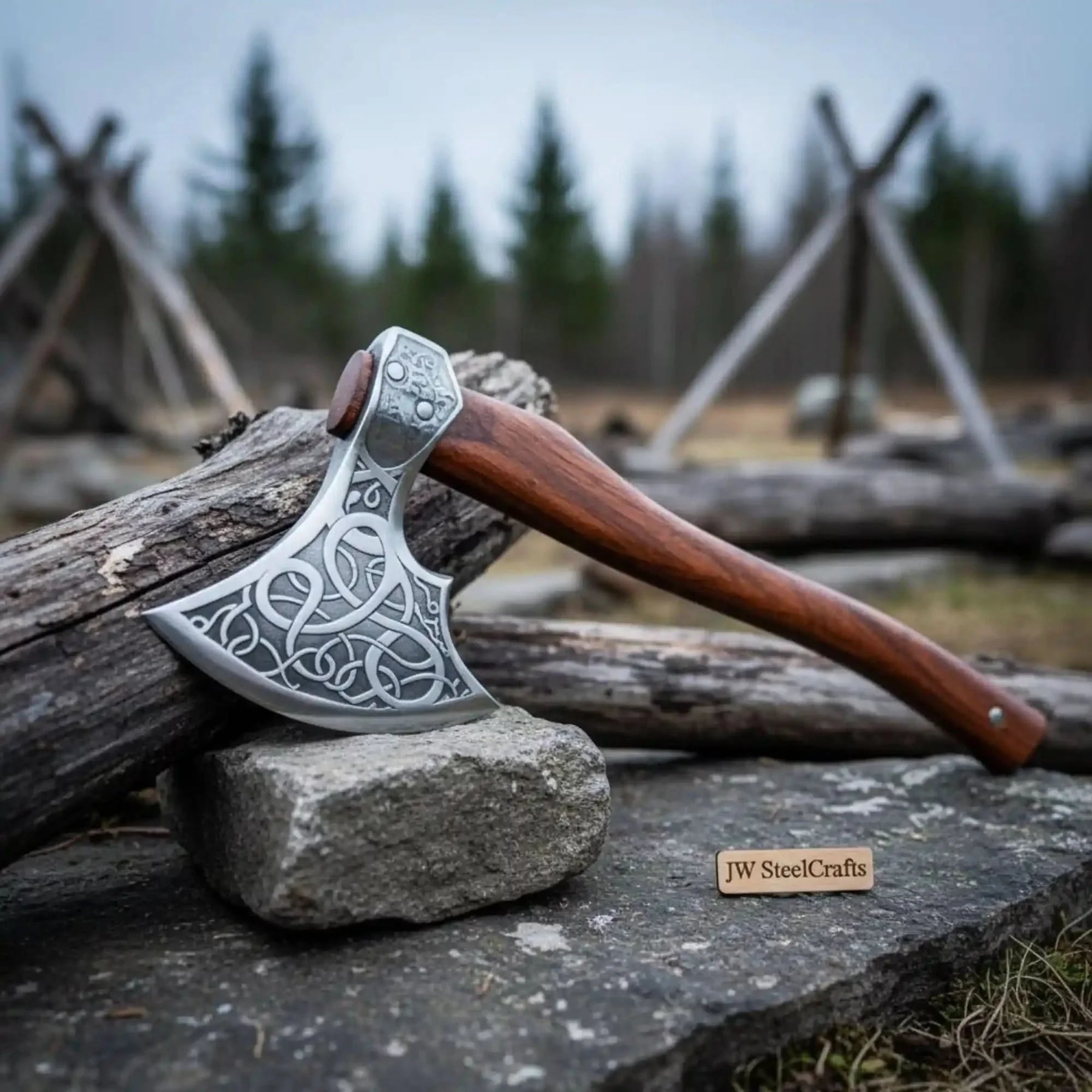 Carbon steel steel axe head with wood handle on rustic wood surface