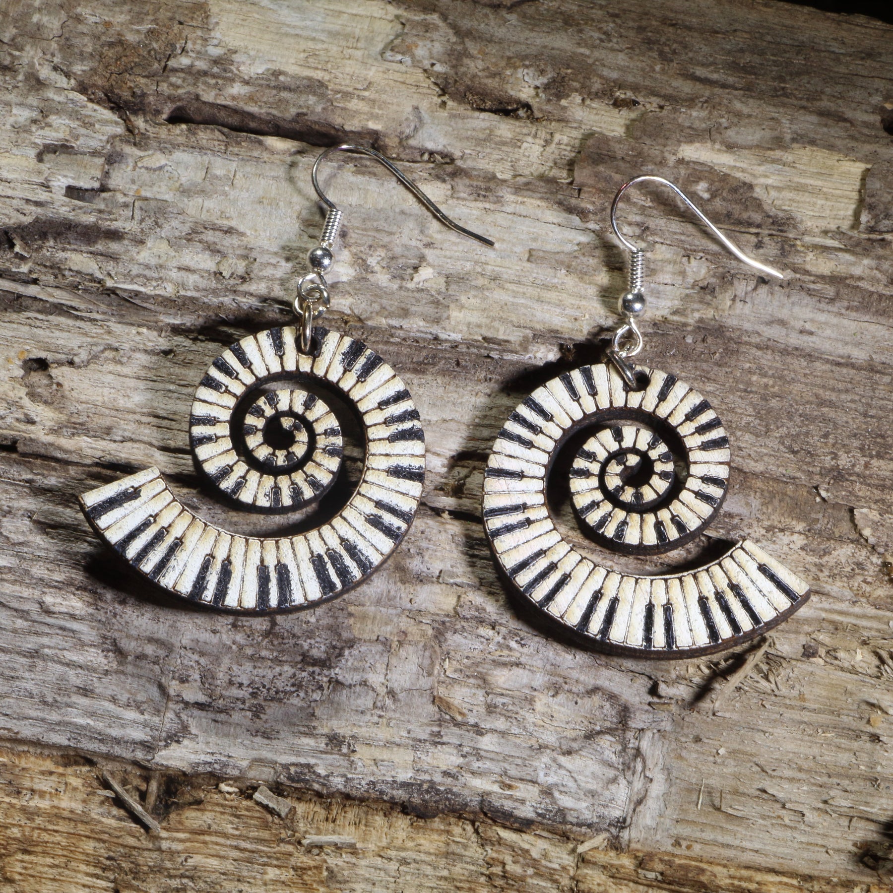 Swirl Piano Keyboard Wooden Dangle Earrings | Music Jewelry