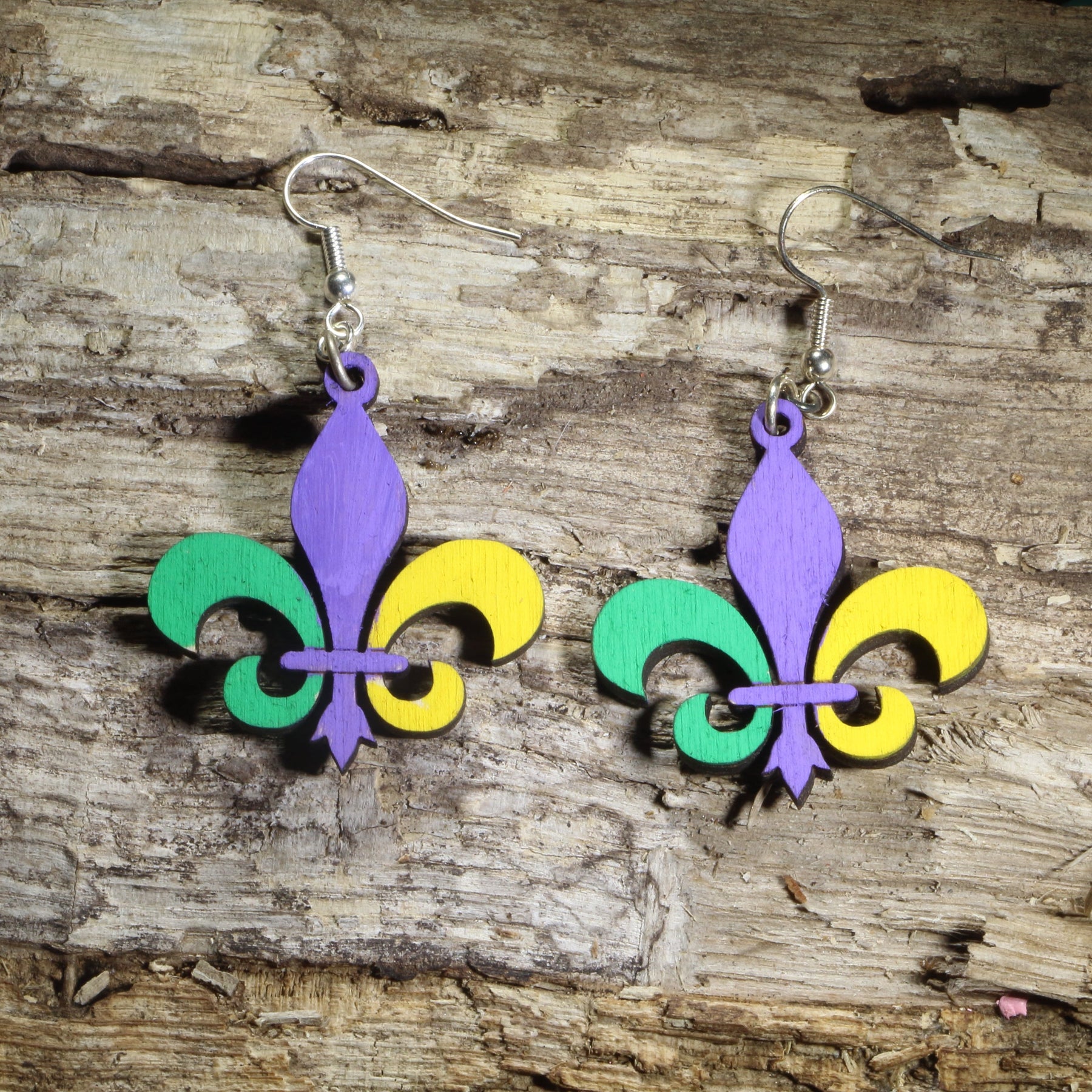 Mardi Gras Fleur-de-lis Wooden Dangle Earrings | New Orleans Jewelry