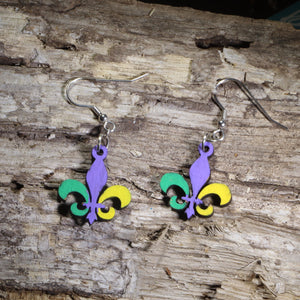 Mardi Gras Fleur-de-lis Wooden Dangle Earrings | New Orleans Jewelry