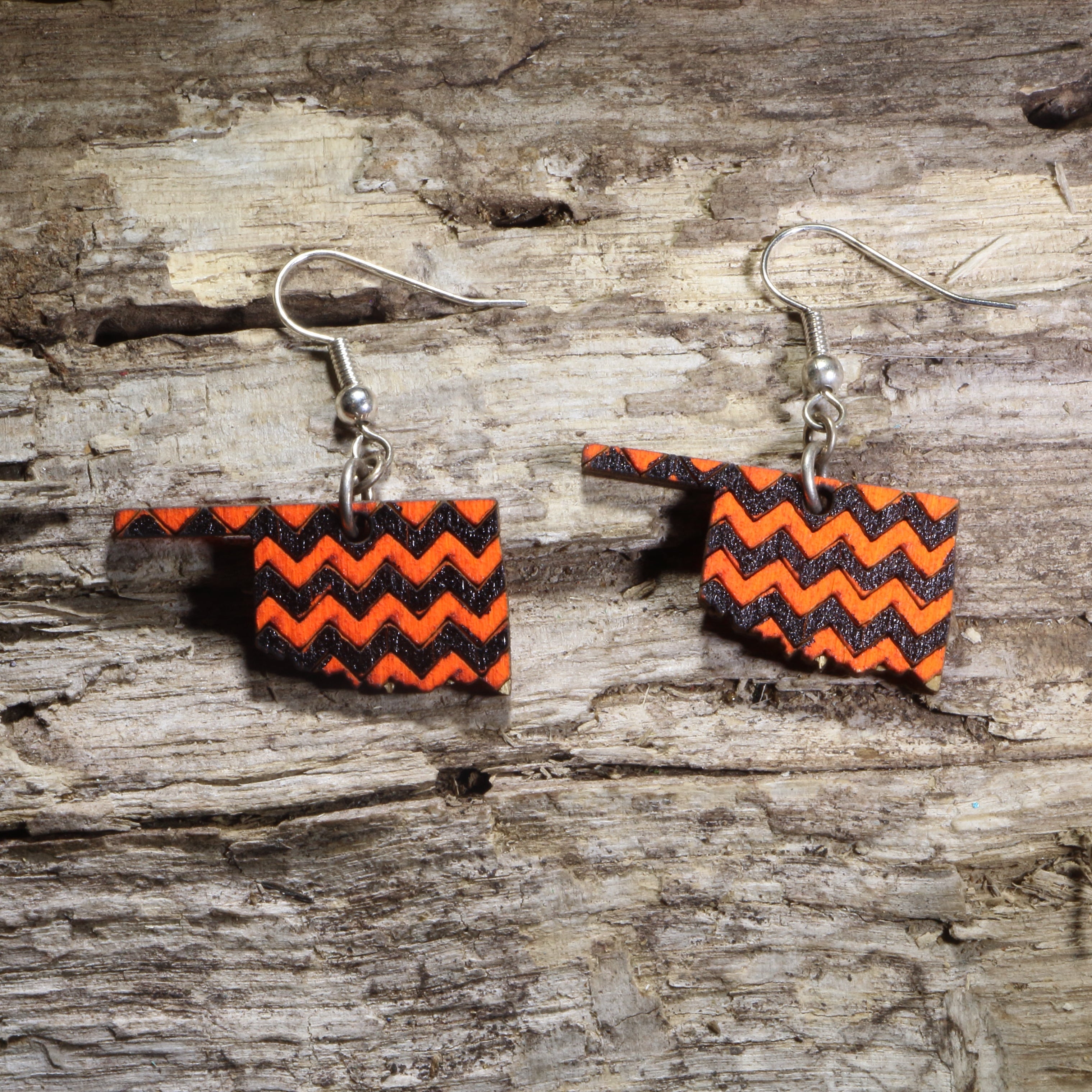 Oklahoma Orange Black Chevron Wooden Dangle Earrings | State Jewelry