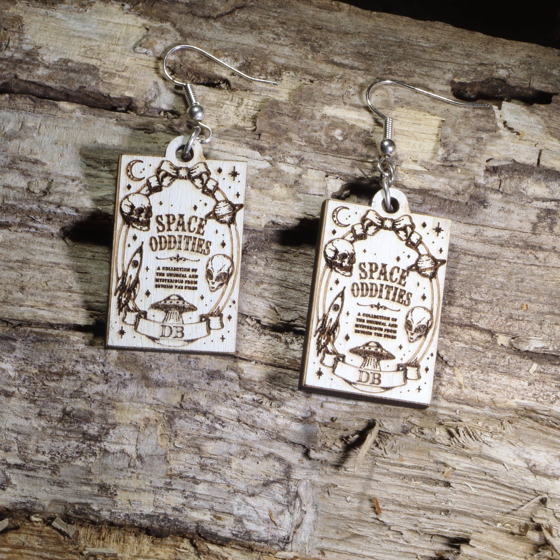 Space Oddities Book Cover Wooden Dangle Earrings | Sci-Fi Gothic Jewelry