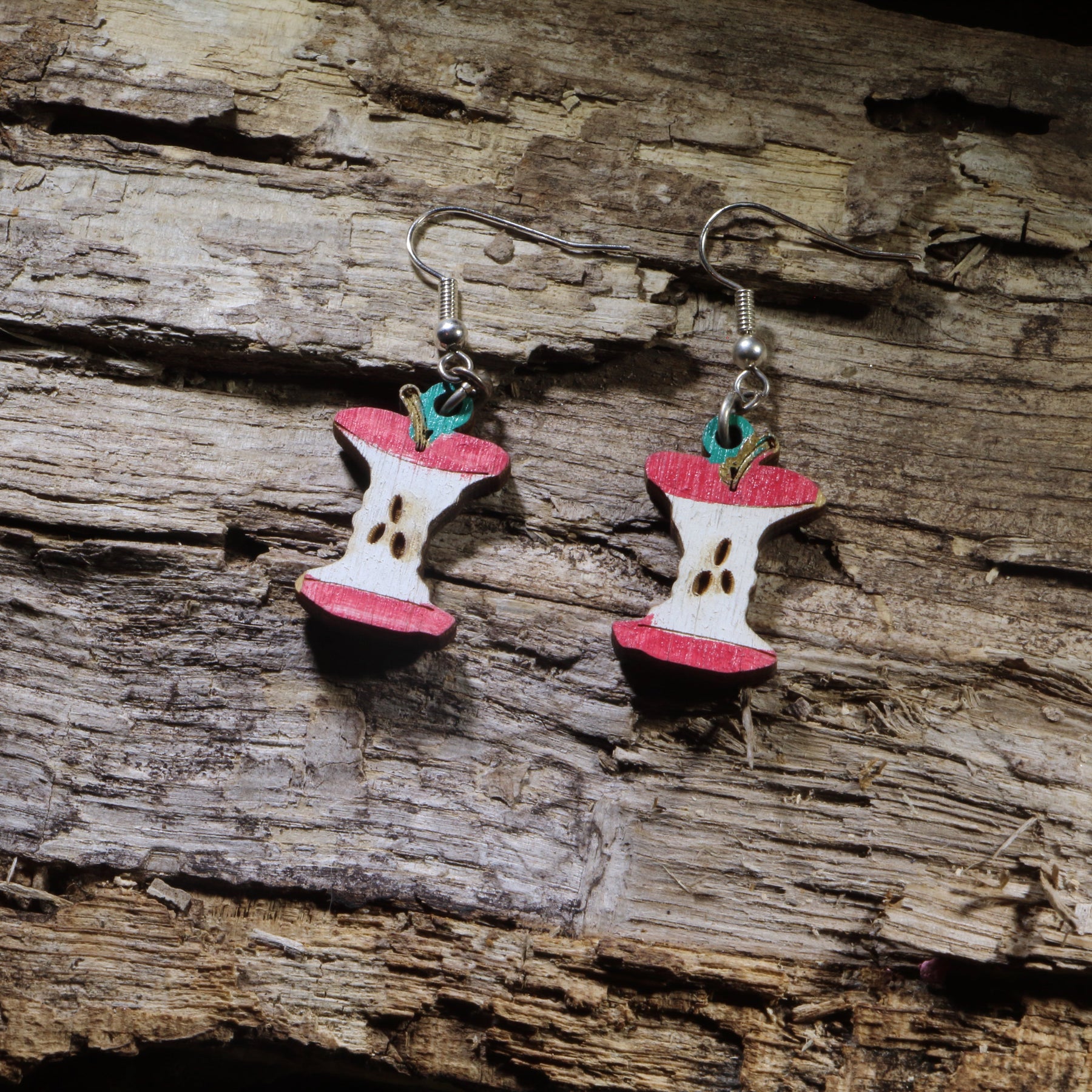 Apple Core Wooden Dangle Earrings | Teacher Fruit Jewelry