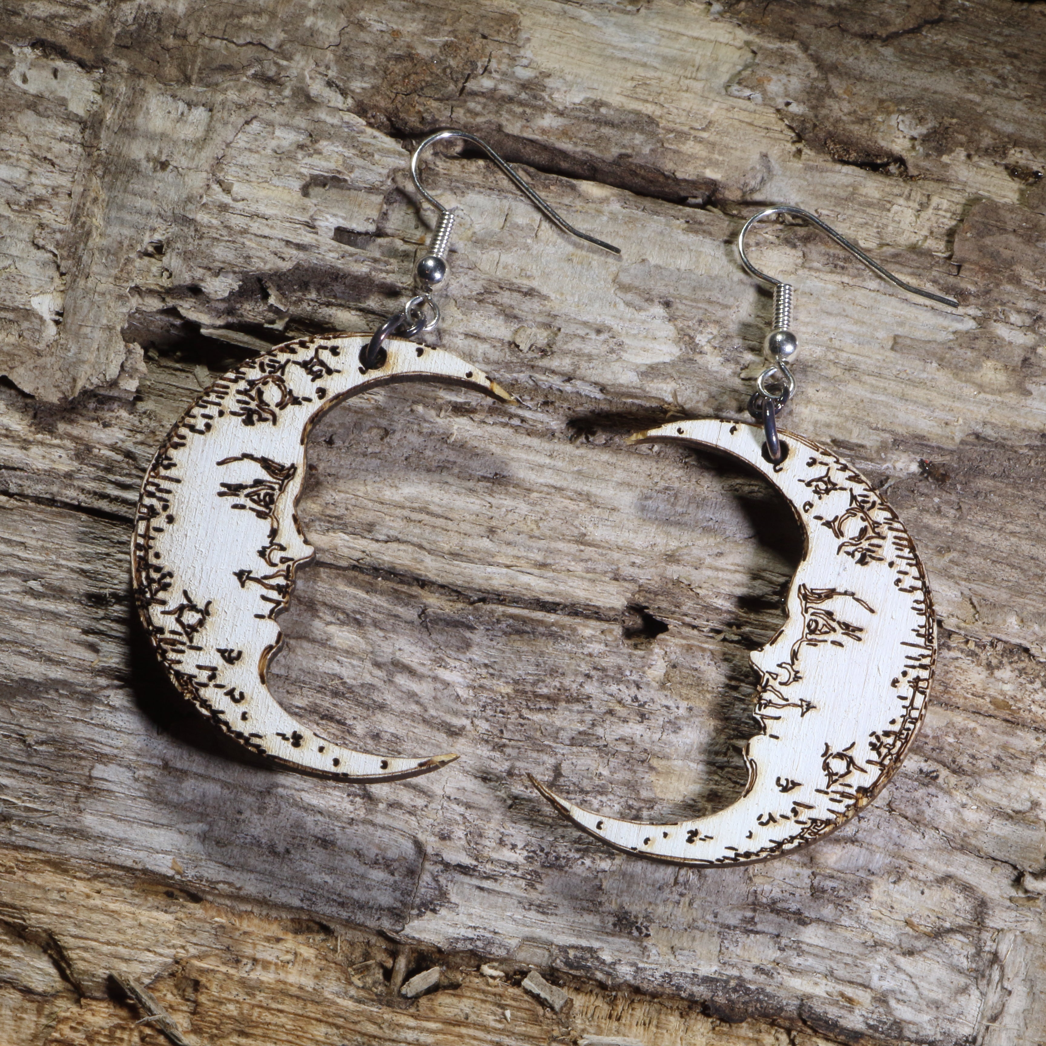 Crescent Moon Face Wooden Dangle Earrings | Celestial Jewelry