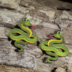 Green Snake Wooden Dangle Earrings | Reptile Nature Jewelry