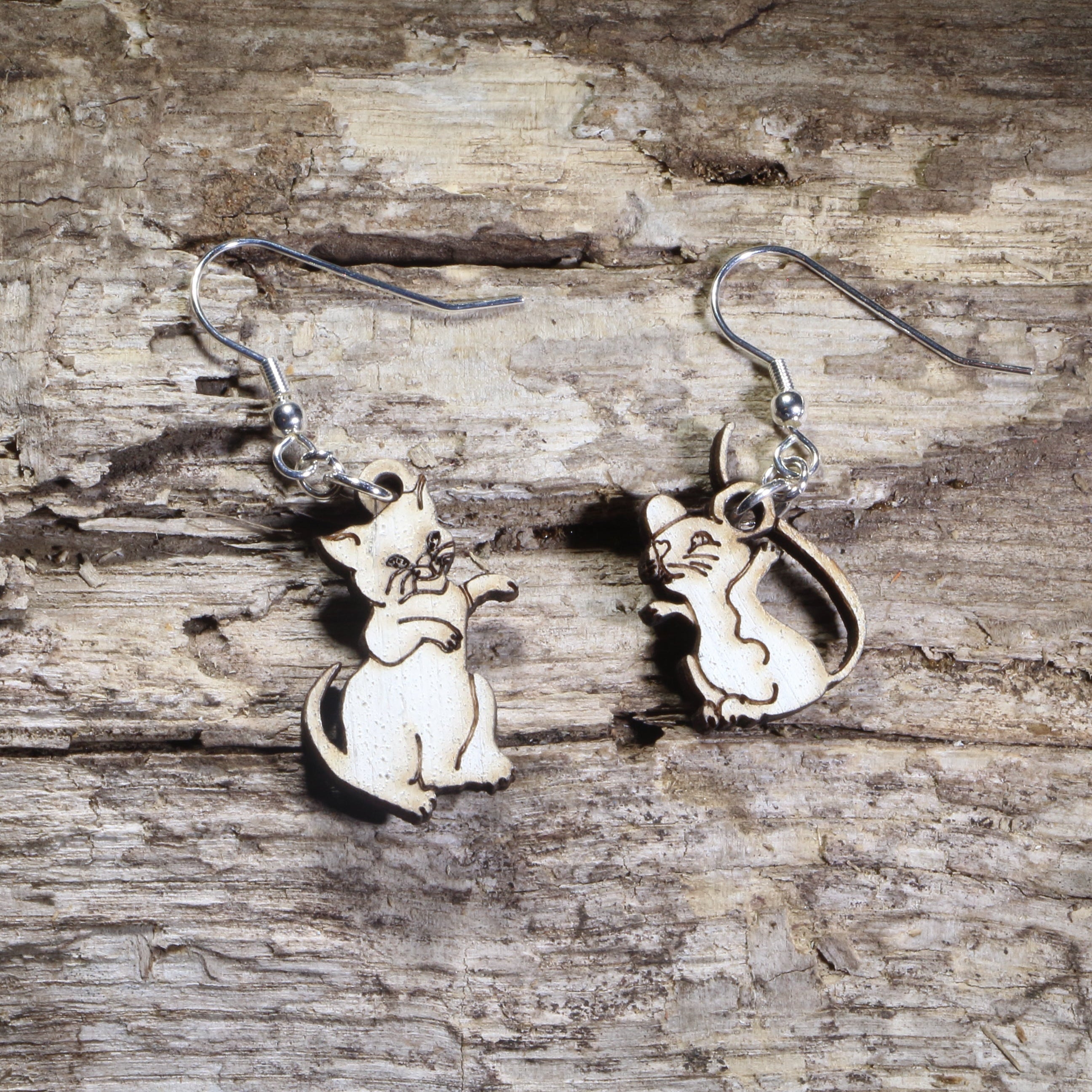 Cat and Mouse Wooden Dangle Earrings | Mismatched Animal Jewelry