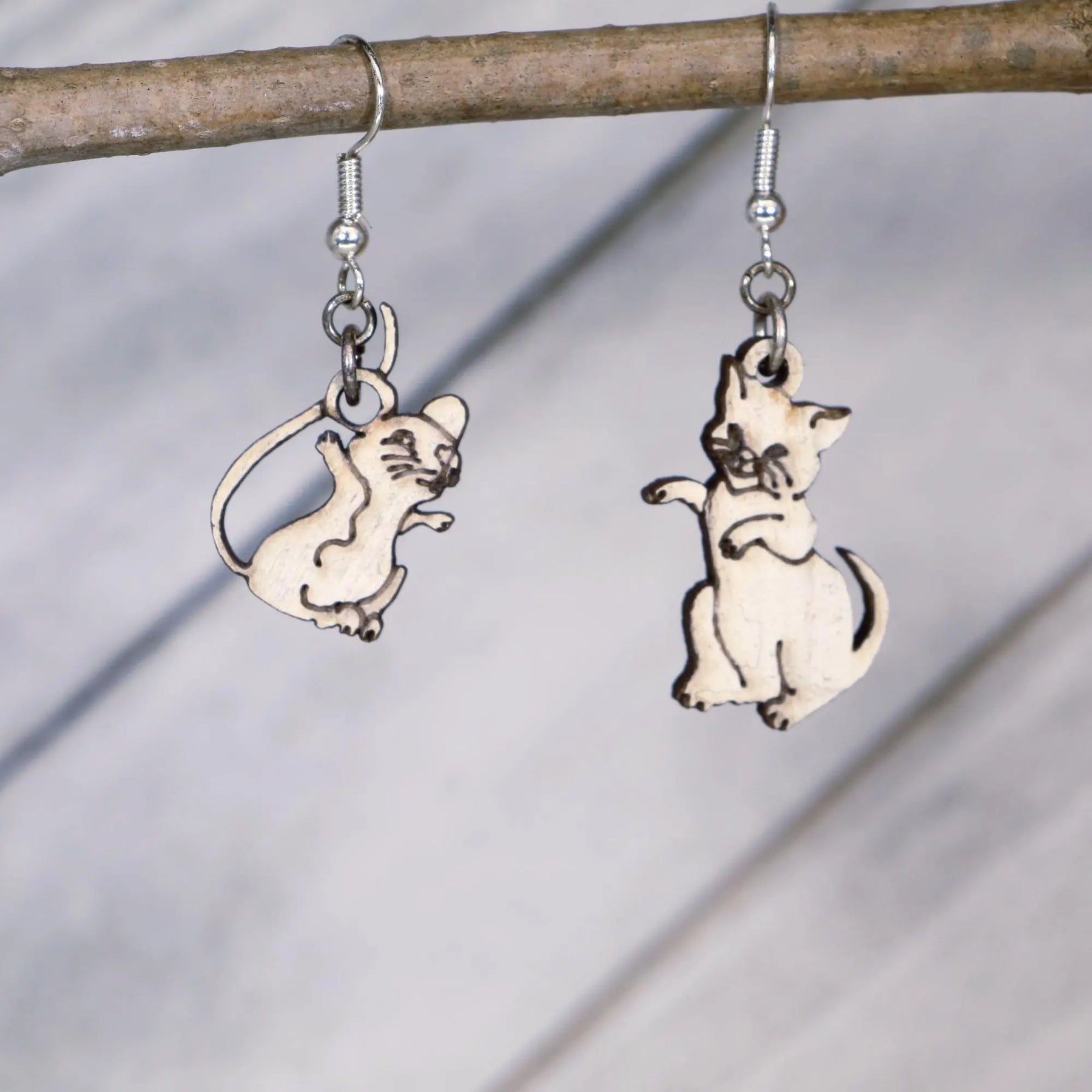 Cat and Mouse Wooden Dangle Earrings | Mismatched Animal Jewelry