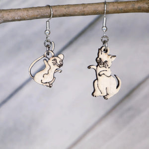 Cat and Mouse Wooden Dangle Earrings | Mismatched Animal Jewelry