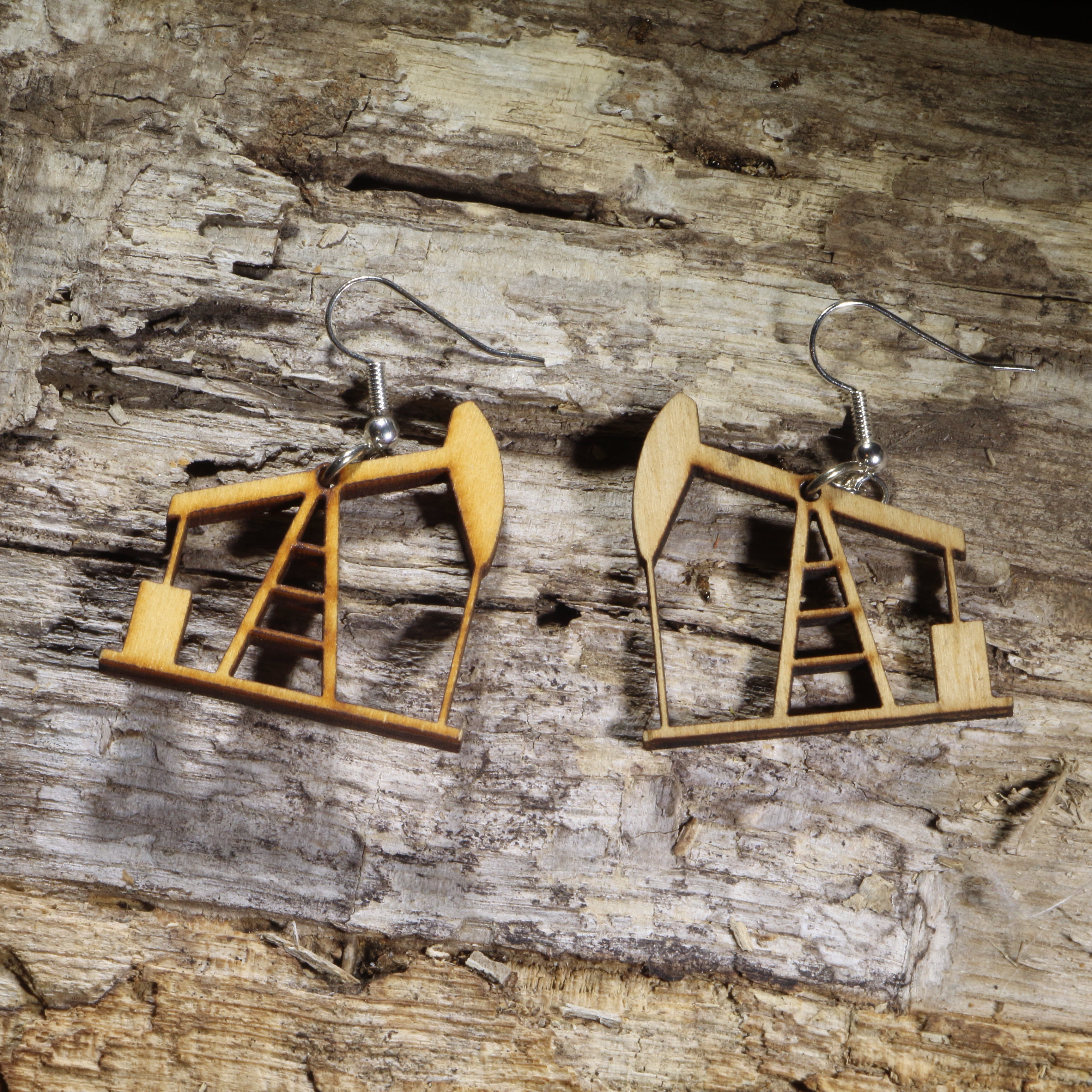 Oil Rig Pump Jack Wooden Dangle Earrings | Industrial Jewelry