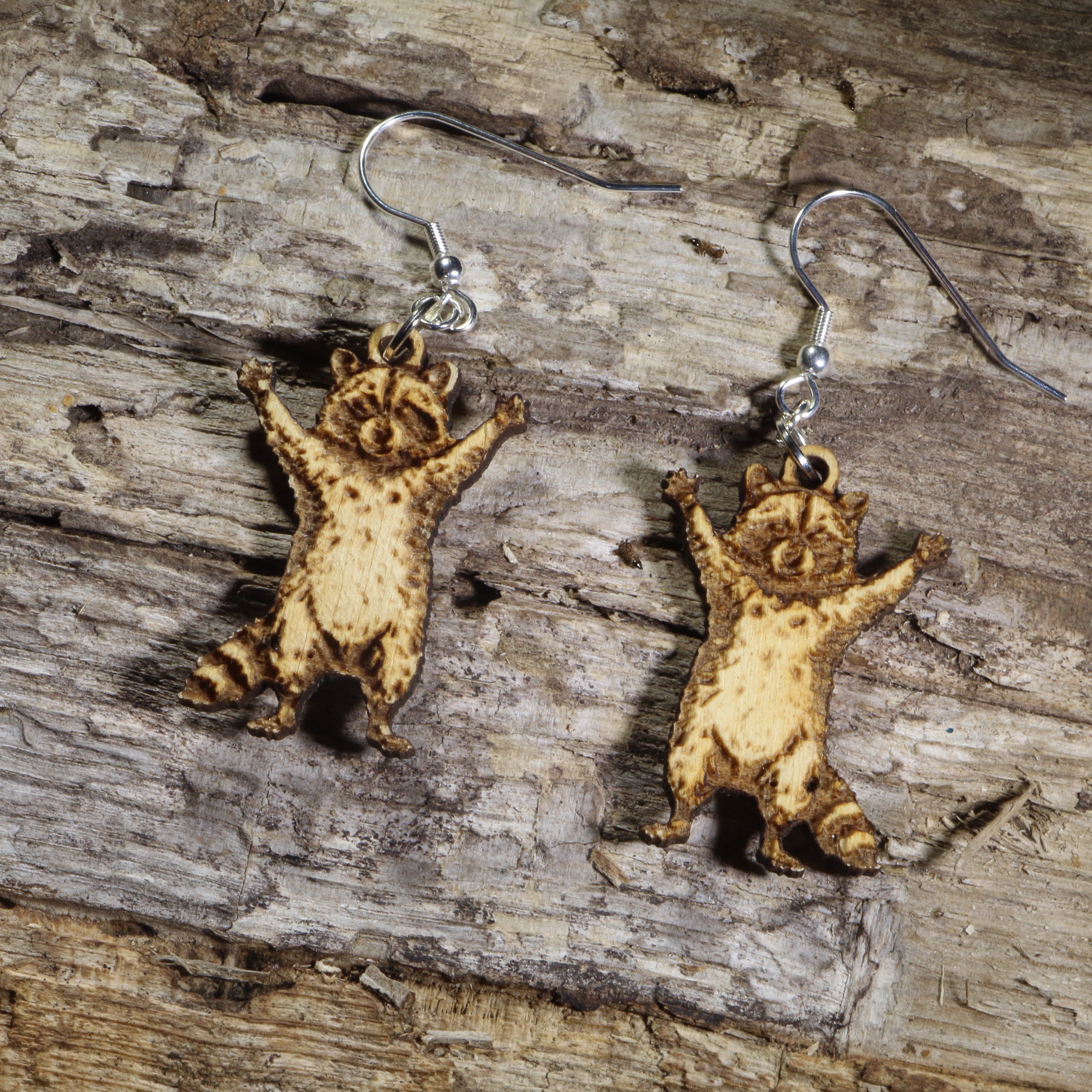 Raccoon Wooden Dangle Earrings | Cute Woodland Animal Jewelry