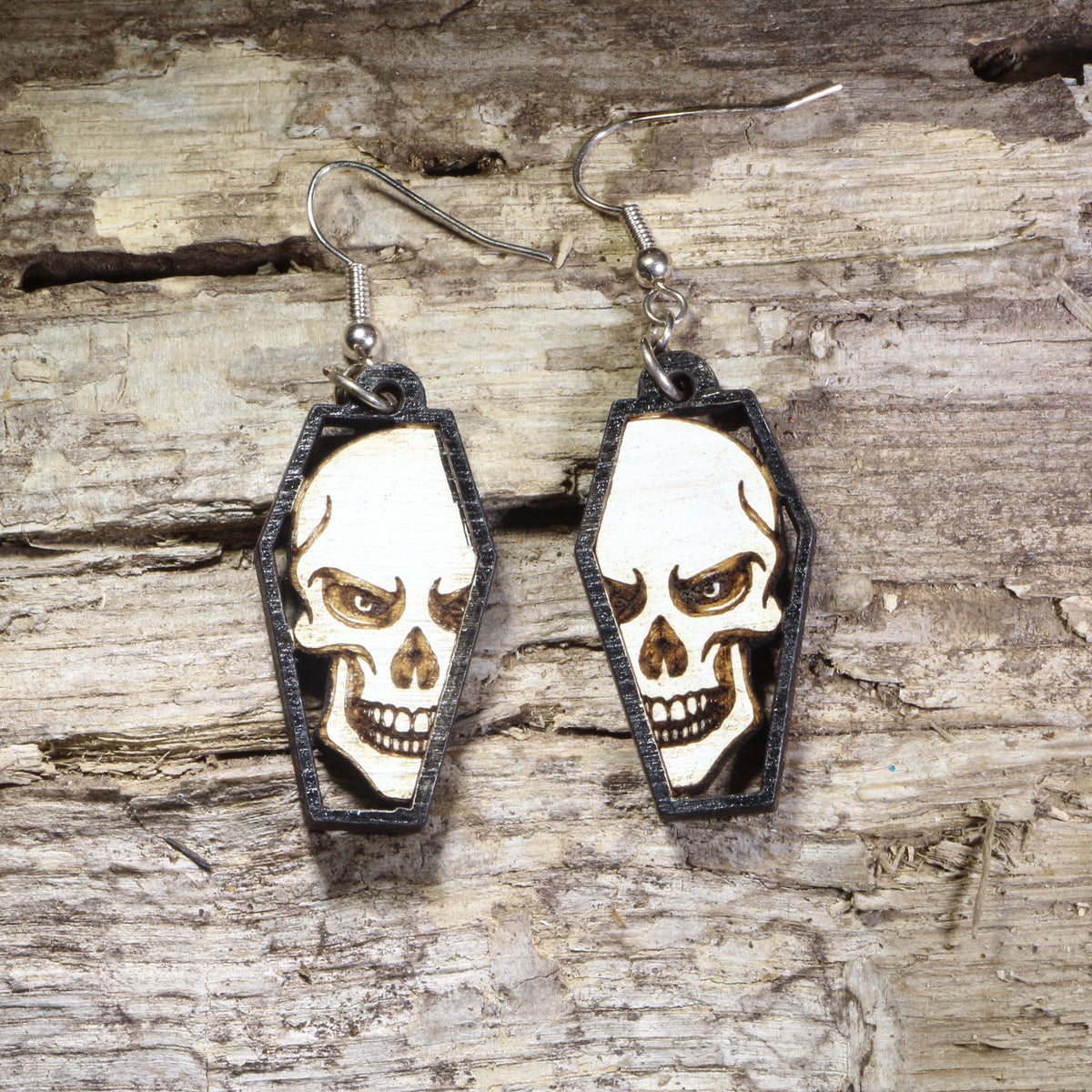 Skull Coffin Wooden Dangle Earrings | Gothic Halloween Jewelry by Cate's Concepts, LLC