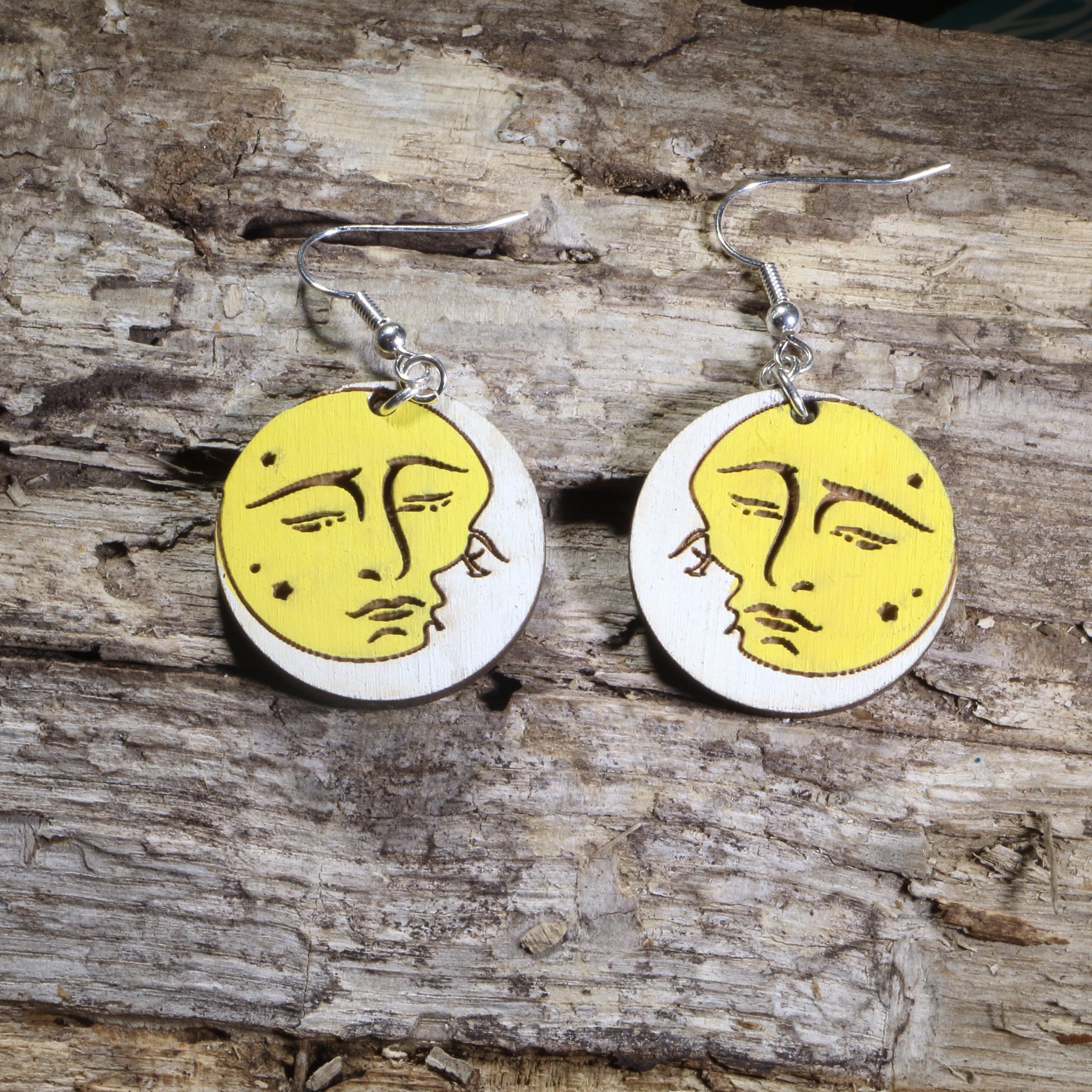 Sun and Moon Wooden Dangle Earrings | Celestial Yin Yang Jewelry