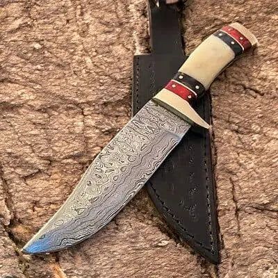 Handmade Damascus Bowie Knife – Bone & Wood Handle Damascus Knife Store