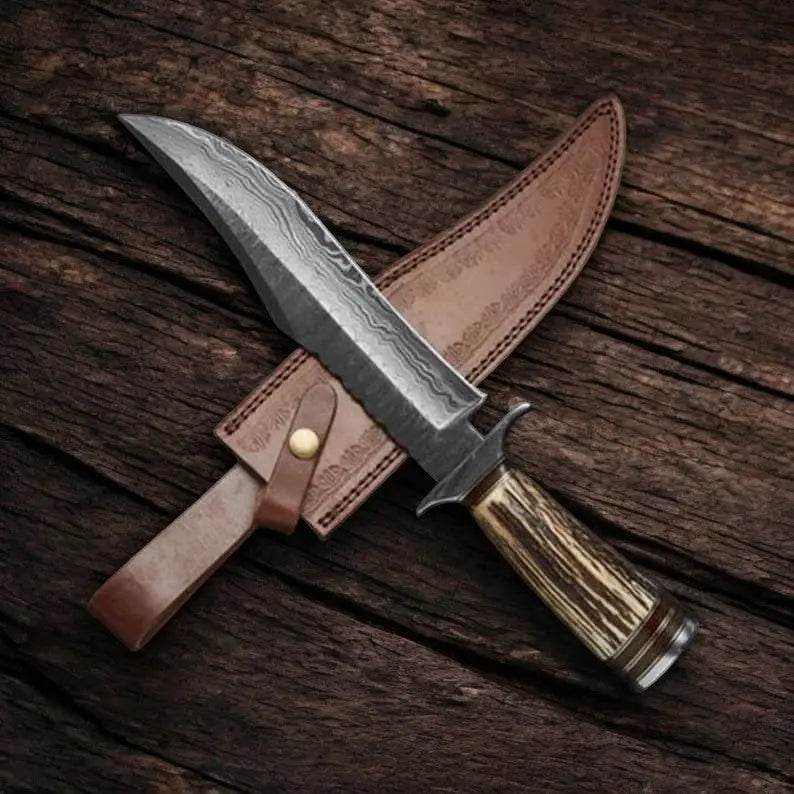 Handmade Damascus Bowie Knife with Antler Horn Handle Damascus Knife Store
