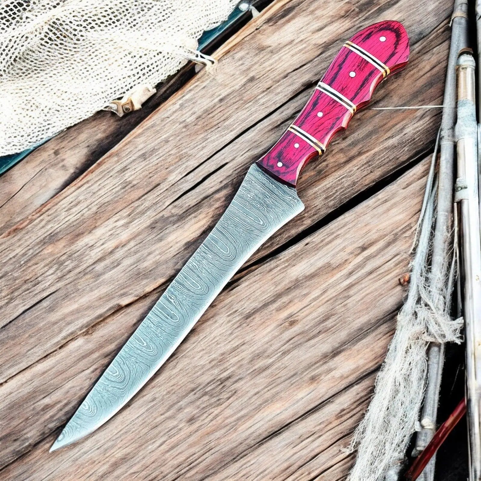 Handmade Damascus Fillet Knife – 12" with Exotic Wood Handle Damascus Knife Store