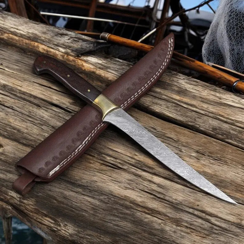 Handmade Damascus Fillet Knife – 8" Blade, Rosewood Handle by Damascus Knife Store, Damascus knife main product photo