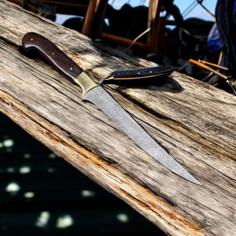 Handmade Damascus Fillet Knife – 8" Blade, Rosewood Handle by Damascus Knife Store, Damascus knife detail photo 2