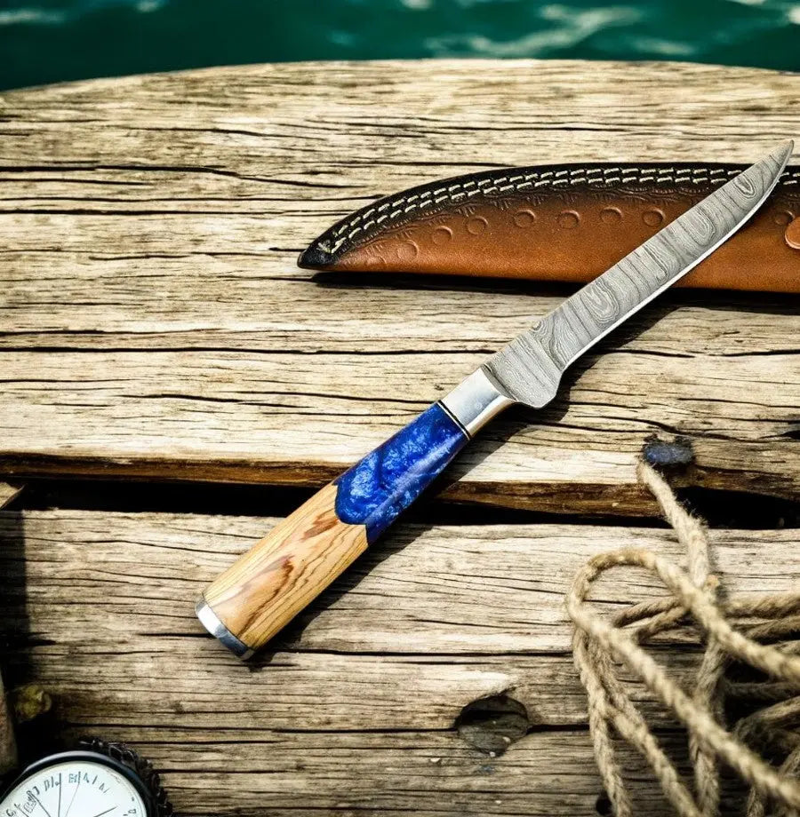 Handmade Damascus Fillet Knife – Epoxy Olive Wood Handle Damascus Knife Store