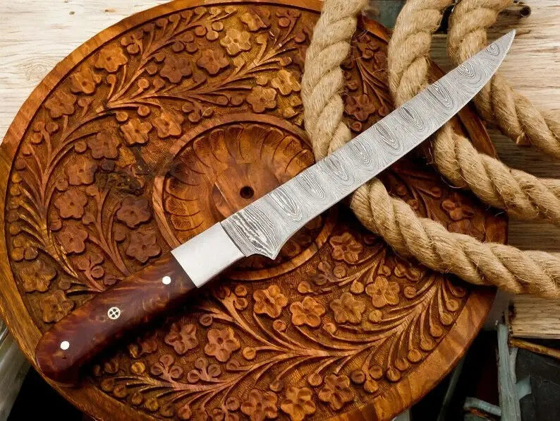 Handmade Damascus Fillet Knife with Rosewood Handle by Damascus Knife Store, Damascus knife main product photo