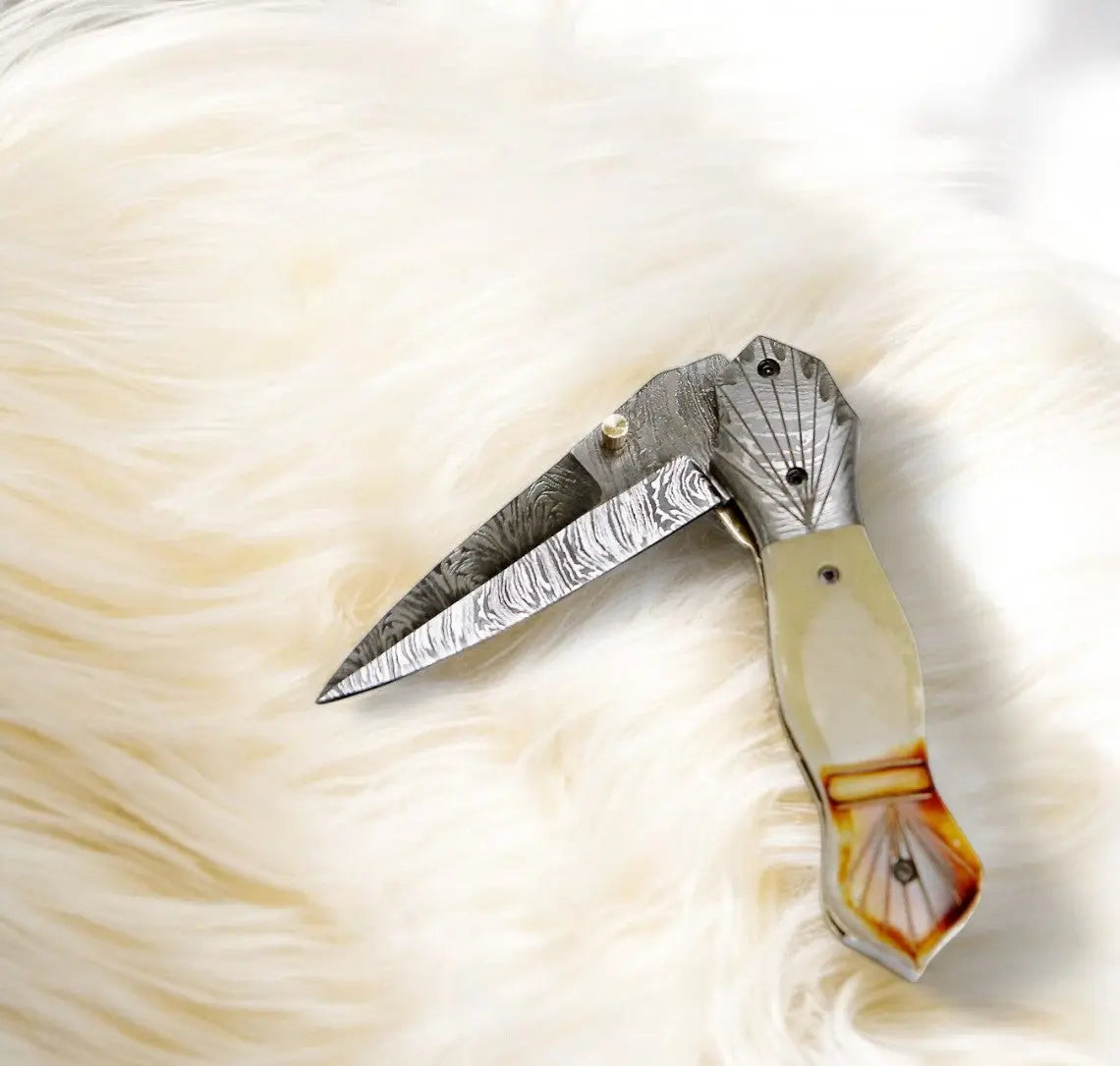 Handmade Damascus Folding Knife – Bone Handle, 3" Blade Damascus Knife Store