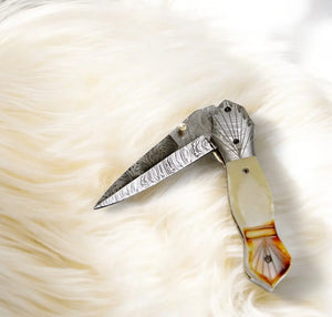 Handmade Damascus Folding Knife – Bone Handle, 3" Blade Damascus Knife Store