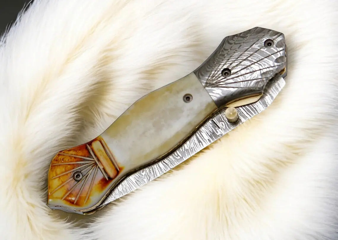 Handmade Damascus Folding Knife – Bone Handle, 3" Blade Damascus Knife Store