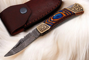 Handmade Damascus Folding Knife – Exotic Wood Handle Damascus Knife Store