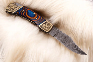 Handmade Damascus Folding Knife – Exotic Wood Handle Damascus Knife Store