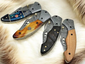 Handmade Damascus Folding Knife | Olivewood Handle Damascus Knife Store