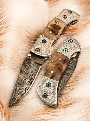 Handmade Damascus Folding Knife – Sheep Horn Handle Damascus Knife Store
