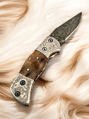 Handmade Damascus Folding Knife – Sheep Horn Handle Damascus Knife Store