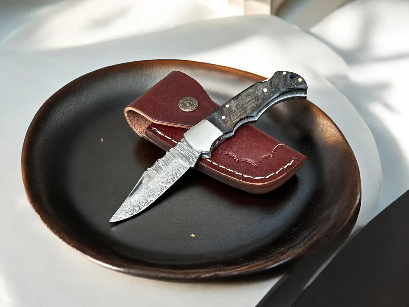 Handmade Damascus Folding Knife – Wood Handle, 3" Blade Damascus Knife Store