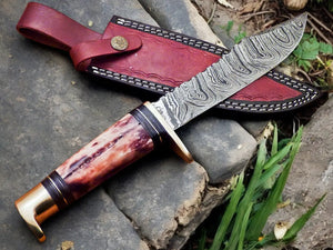 Handmade Damascus Hunting Knife – 12" with Bone Handle Damascus Knife Store