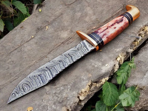 Handmade Damascus Hunting Knife – 12" with Bone Handle Damascus Knife Store
