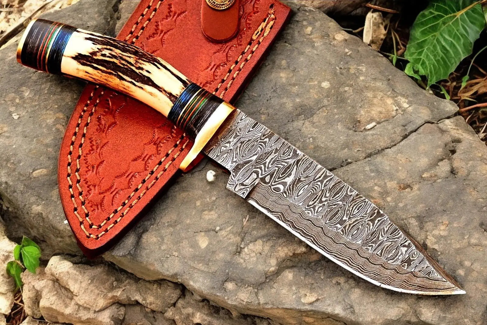 Handmade Damascus Hunting Knife – Antler & Wood Handle Damascus Knife Store