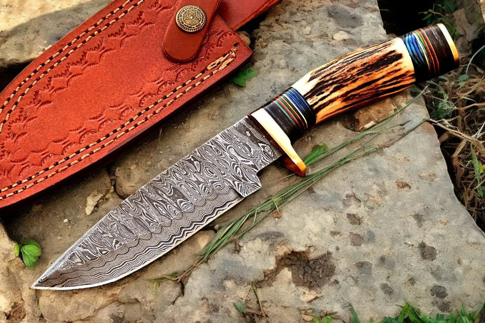 Handmade Damascus Hunting Knife – Antler & Wood Handle Damascus Knife Store