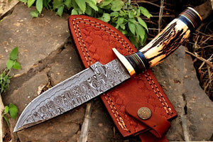 Handmade Damascus Hunting Knife – Antler & Wood Handle Damascus Knife Store
