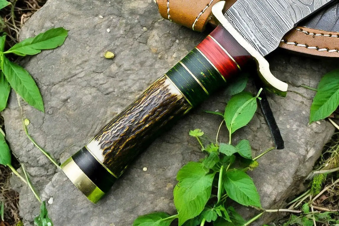 Handmade Damascus Hunting Knife – Antler & Wood Handle Damascus Knife Store