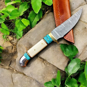 Handmade Damascus Hunting Knife – Turquoise & Bone Handle Damascus Knife Store