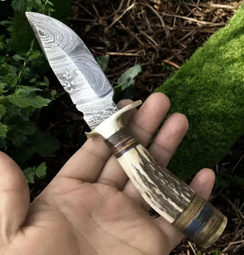 Handmade Damascus Hunting Knife with Antler Bone Handle Damascus Knife Store