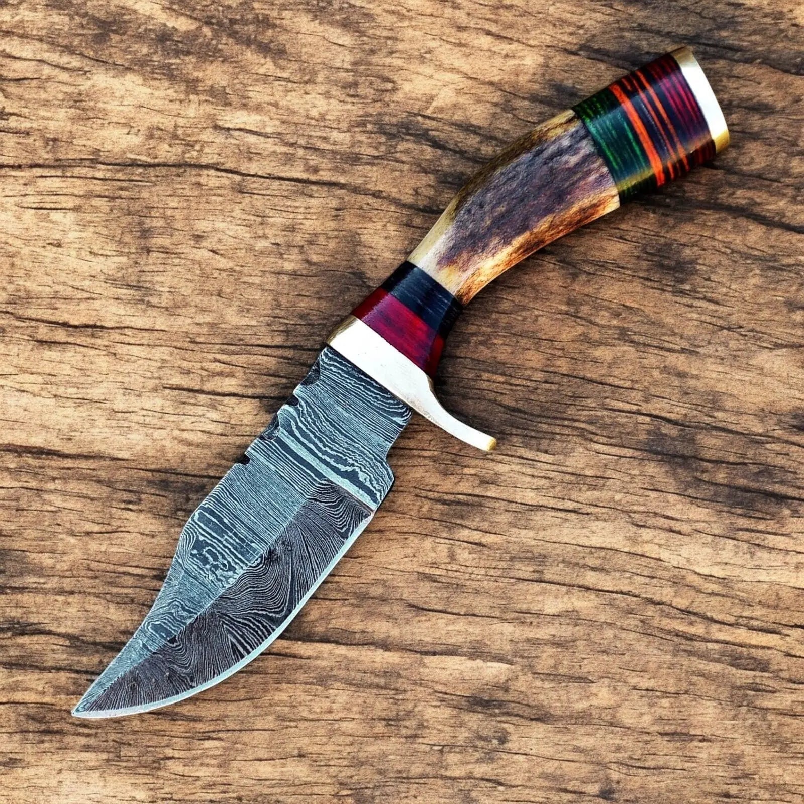 Handmade Damascus Hunting Knife with Antler Horn Handle Damascus Knife Store
