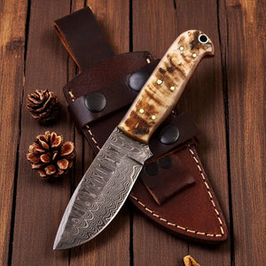 Handmade Damascus Hunting Knife with Sheep Horn Handle Damascus Knife Store