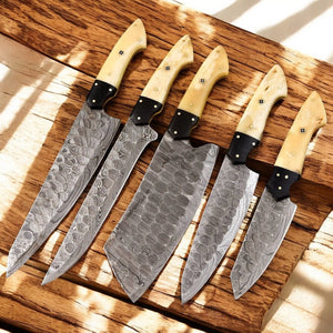 Handmade Damascus Kitchen Knives Set | Bone & Horn Handles Damascus Knife Store