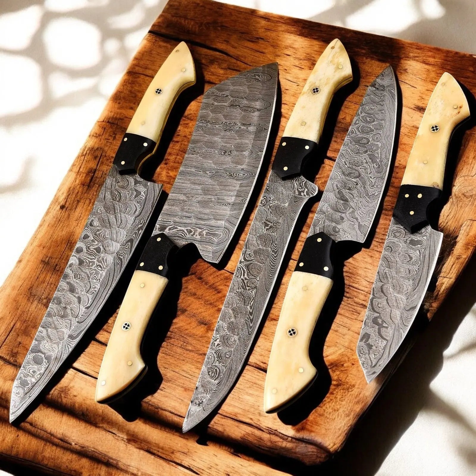 Handmade Damascus Kitchen Knives Set | Bone & Horn Handles Damascus Knife Store