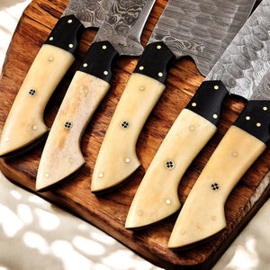 Handmade Damascus Kitchen Knives Set | Bone & Horn Handles Damascus Knife Store