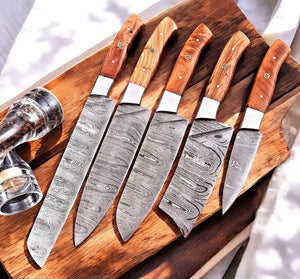 Handmade Damascus Kitchen Knives Set – Olivewood Handles Damascus Knife Store
