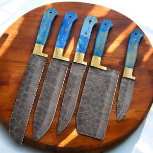 Handmade Damascus Kitchen Knives Set with Bone Handles Damascus Knife Store