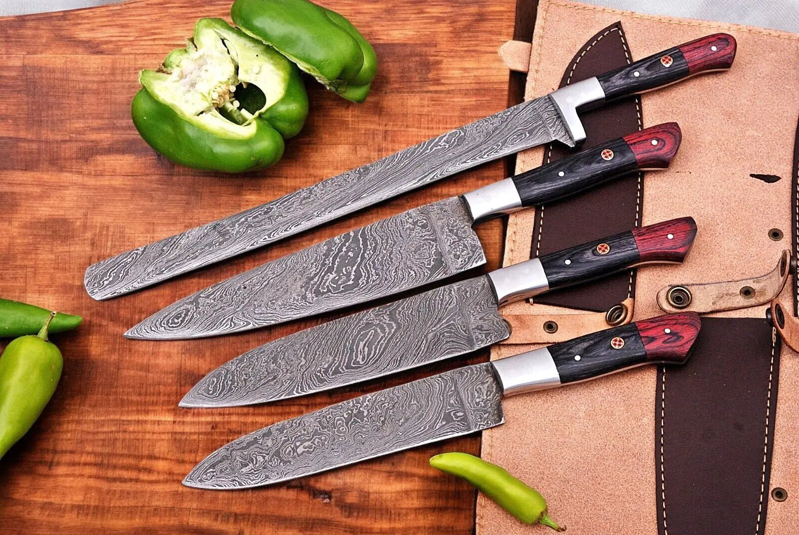 Handmade Damascus Kitchen Knives Set with Exotic Wood Handles Damascus Knife Store